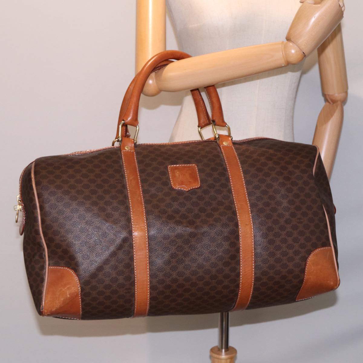 CELINE Macadam Canvas Boston Bag PVC Leather Brown Auth bs15281