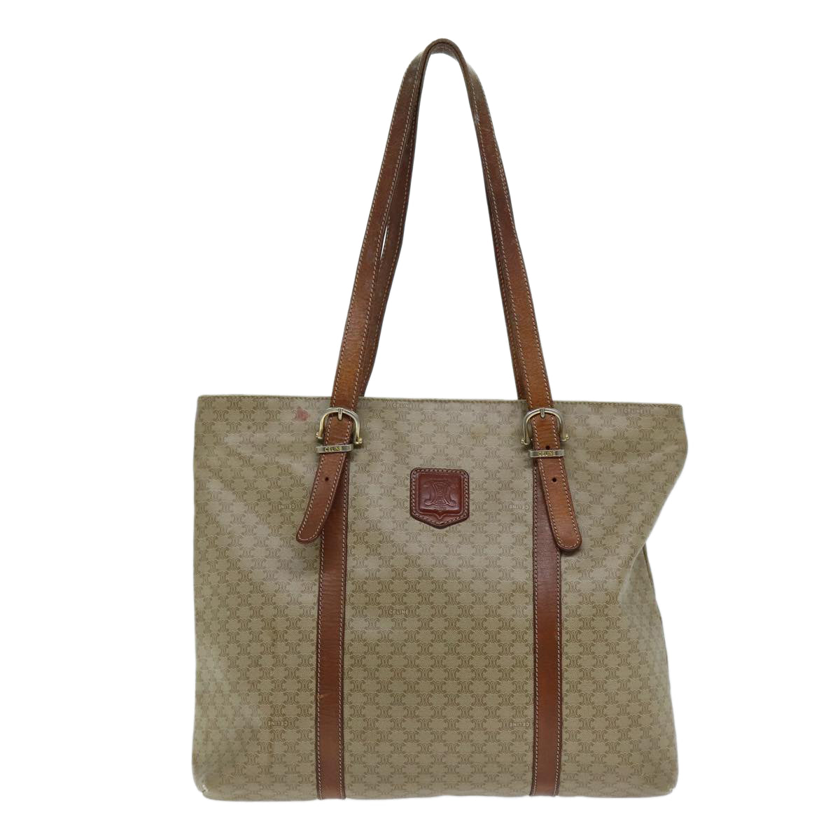 CELINE Macadam Canvas Tote Bag Leather Beige Auth bs15312