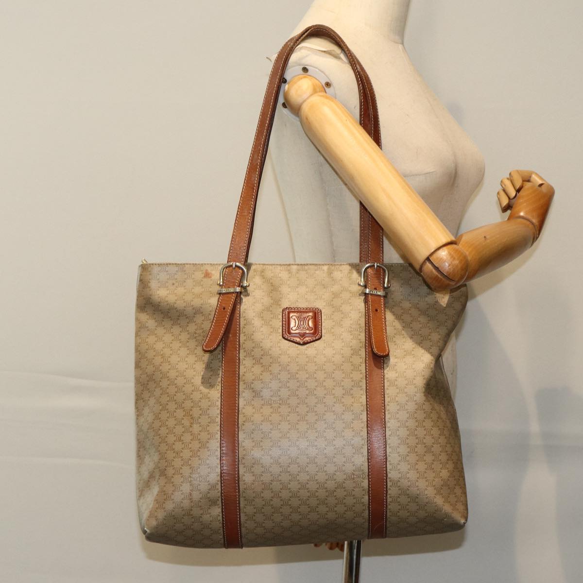 CELINE Macadam Canvas Tote Bag Leather Beige Auth bs15312