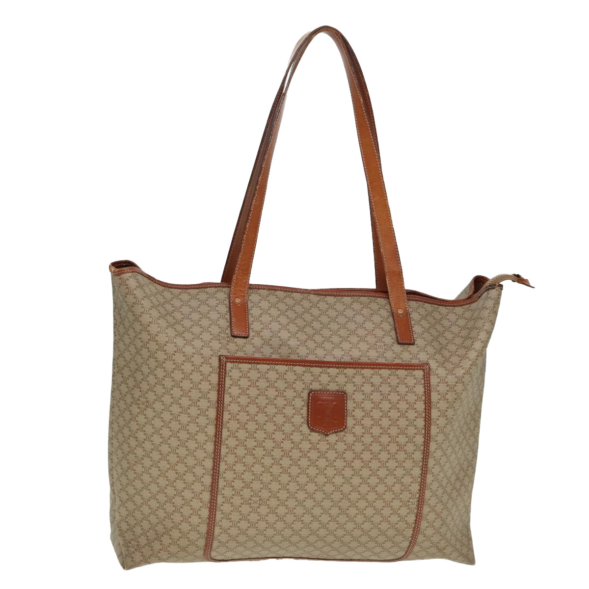 CELINE Macadam Canvas Tote Bag Leather Beige Brown Auth bs15313