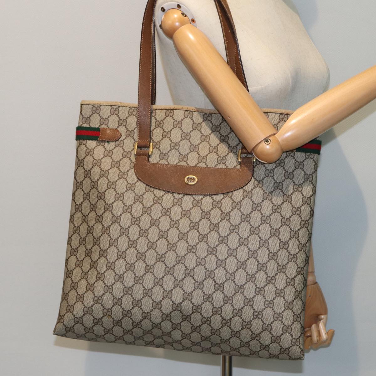 GUCCI GG Supreme Web Sherry Line Tote Bag PVC Beige Red 39 02 091 Auth bs15336