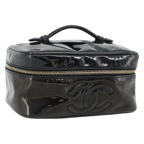 CHANEL Vanity Cosmetic Pouch Patent leather Black CC Auth bs15339