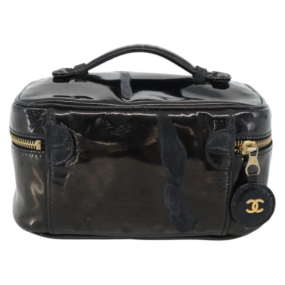 CHANEL Vanity Cosmetic Pouch Patent leather Black CC Auth bs15339