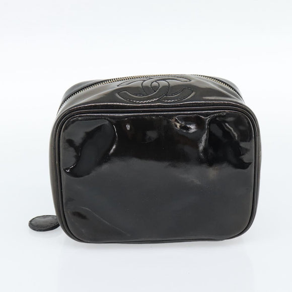 CHANEL Vanity Cosmetic Pouch Patent leather Black CC Auth bs15339