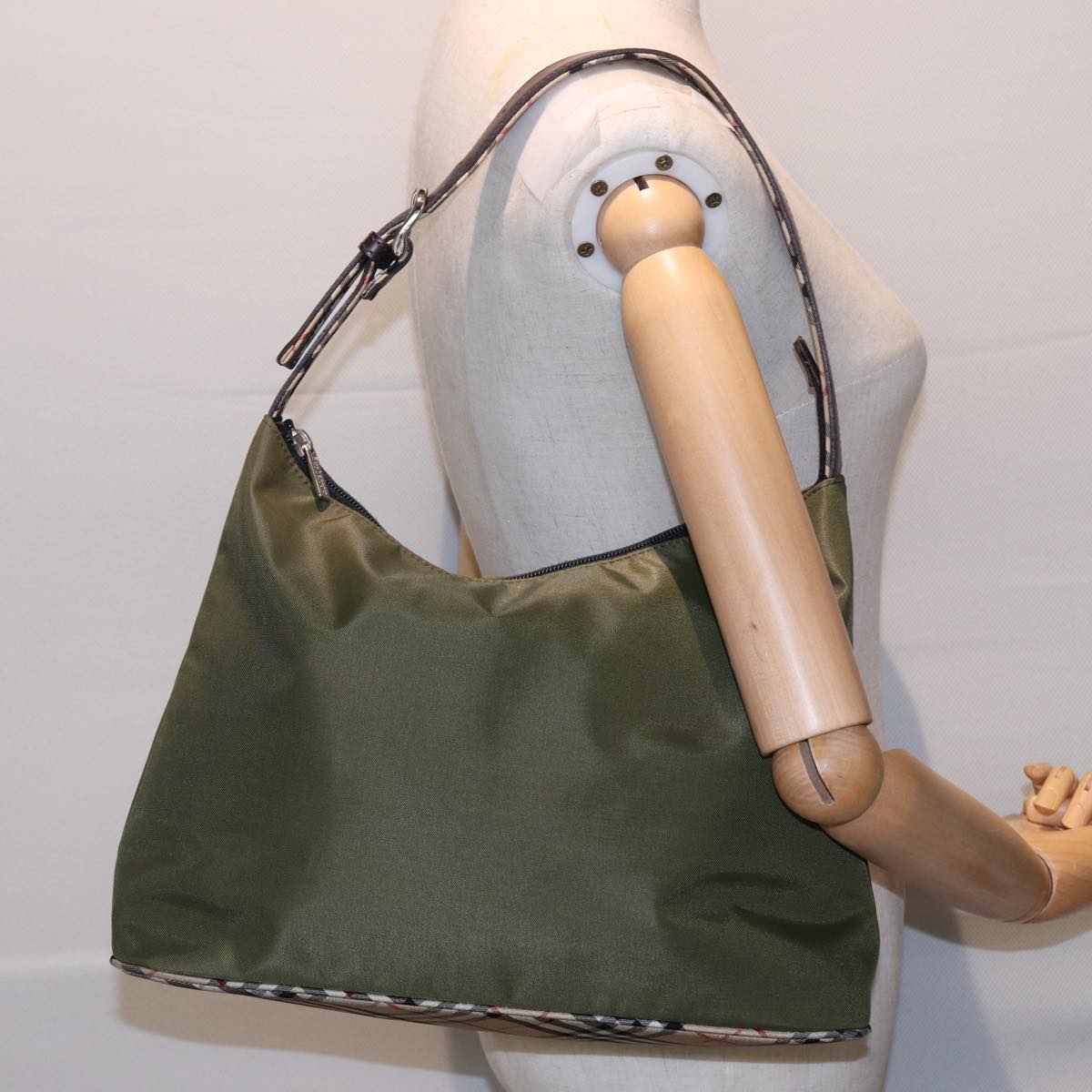 Burberrys Blue Label Shoulder Bag Nylon Khaki Auth bs15353