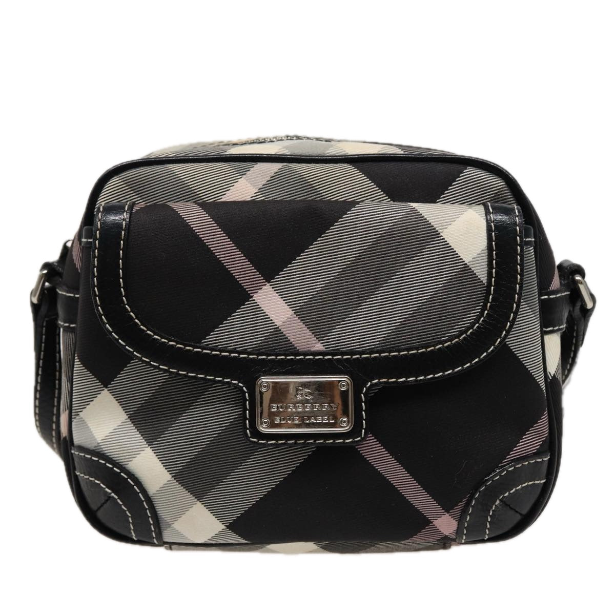 BURBERRY Nova Check Blue Label Shoulder Bag Nylon Black White pink Auth bs15354 - 0