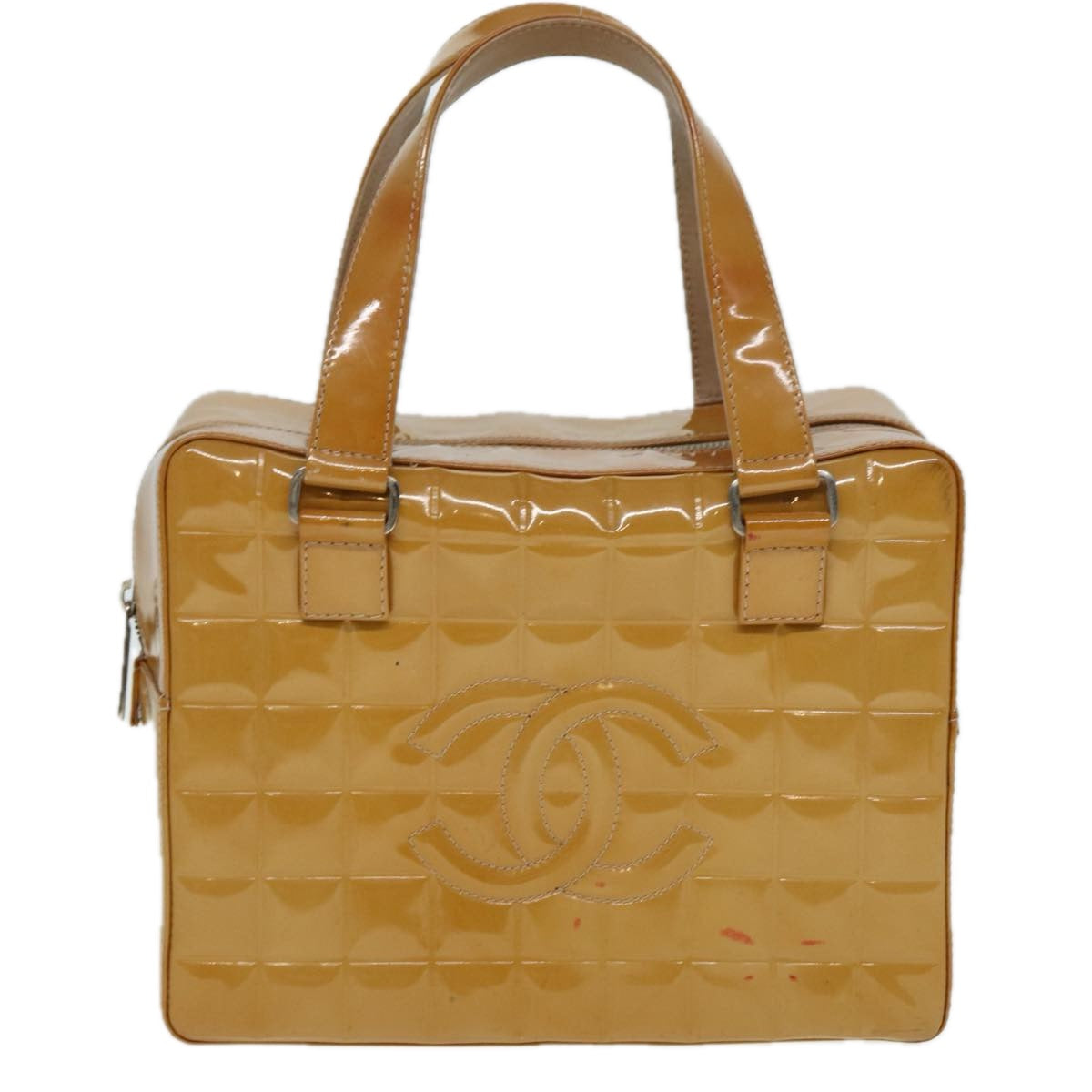 CHANEL Choco Bar Hand Bag Patent leather Yellow CC Auth bs15398