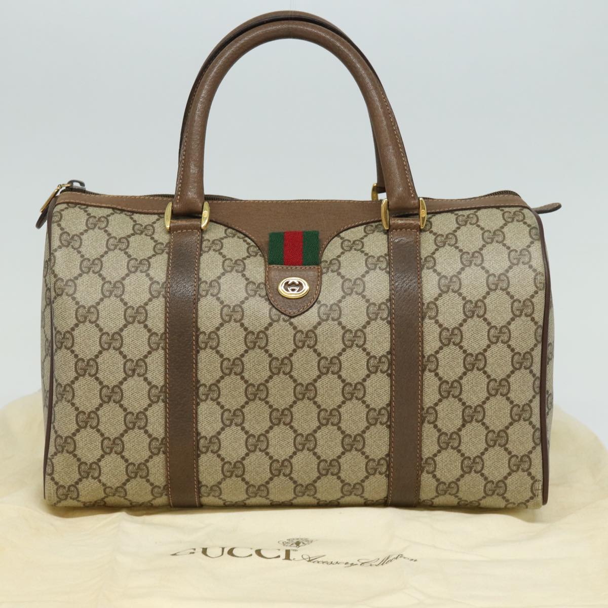 GUCCI GG Supreme Web Sherry Line Boston Bag PVC Beige 40 02 007 Auth bs15457