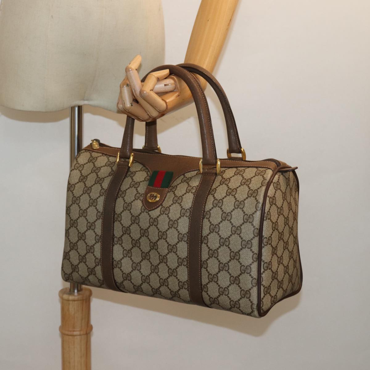 GUCCI GG Supreme Web Sherry Line Boston Bag PVC Beige 40 02 007 Auth bs15457