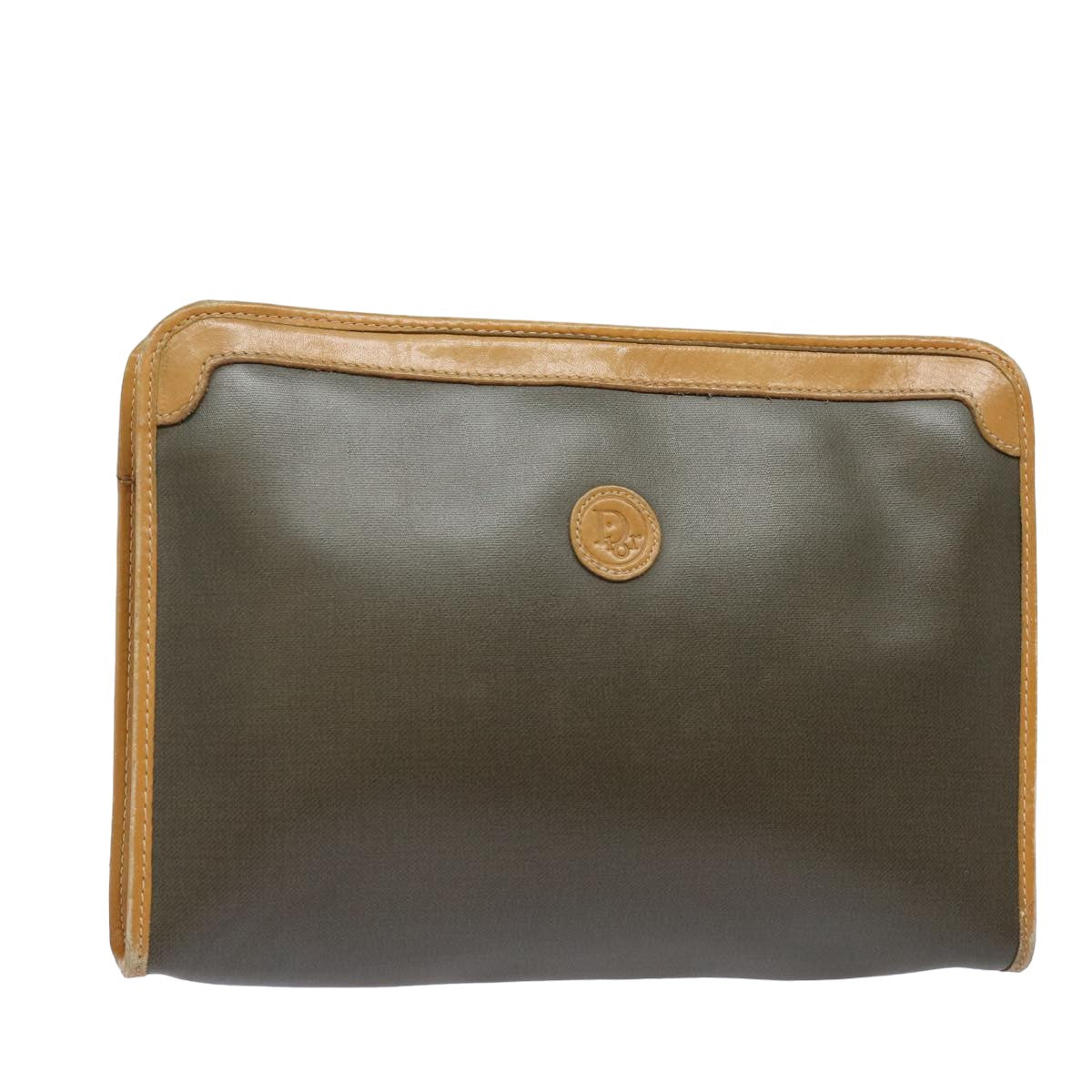 Christian Dior Clutch Bag Leather Khaki Auth bs15465