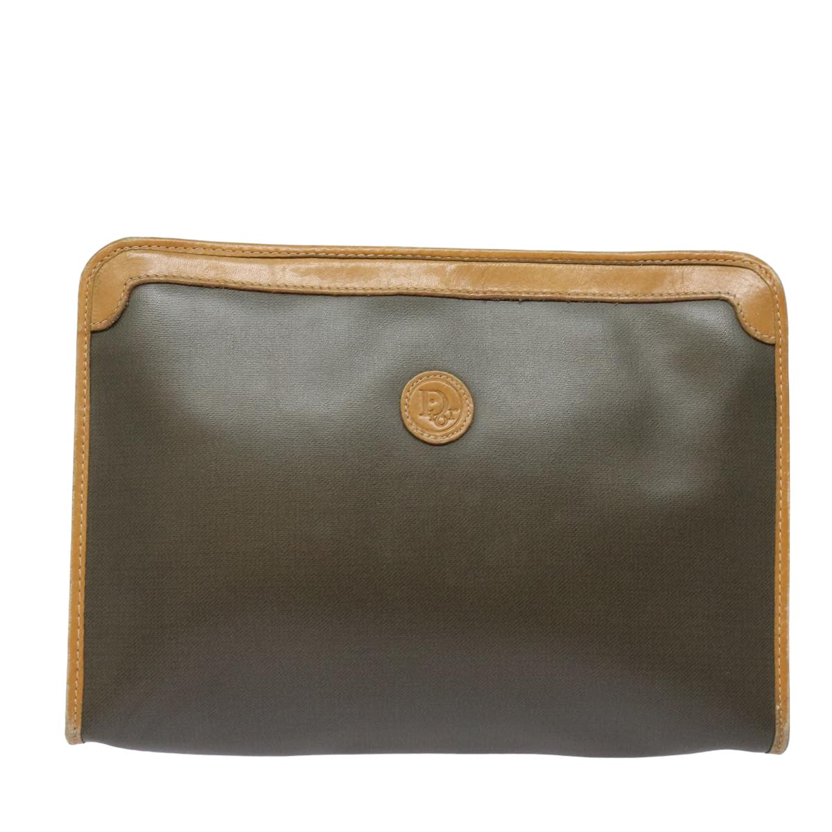 Christian Dior Clutch Bag Leather Khaki Auth bs15465