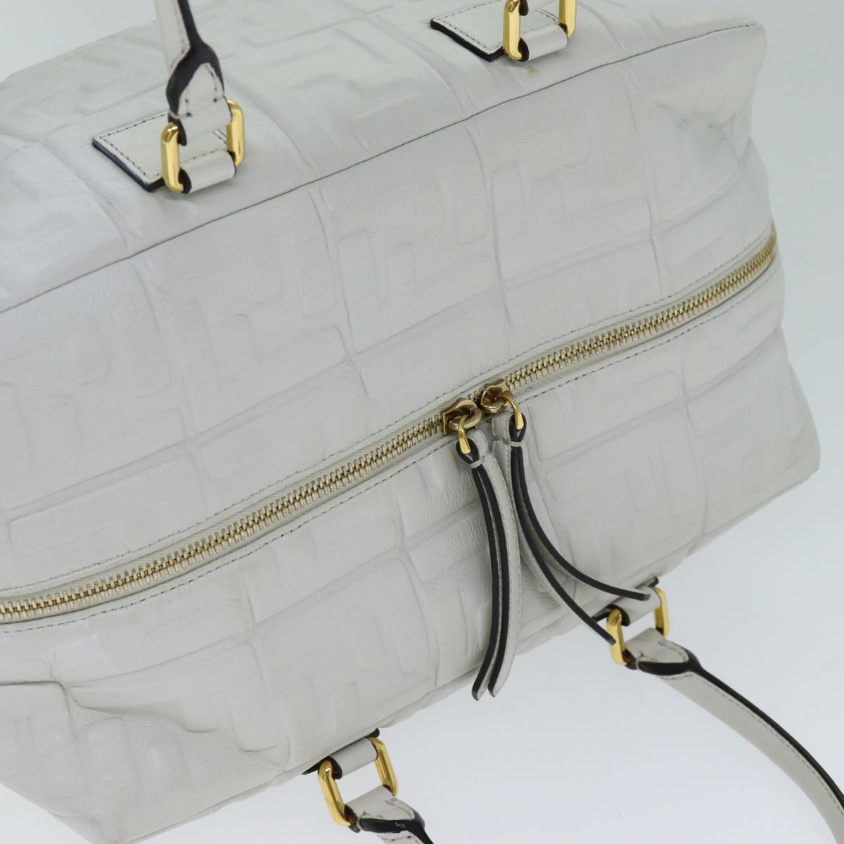 FENDI Zucca Canvas Hand Bag Leather 2way White Auth bs15482