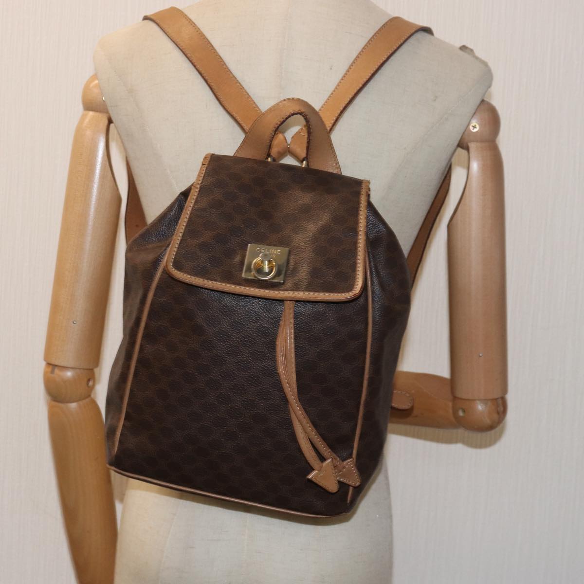 CELINE Macadam Canvas Shoulder Bag PVC Leather Brown Auth bs15493