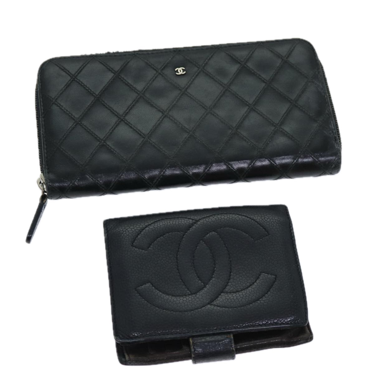 CHANEL Wallet Leather 2Set Black CC Auth bs15528