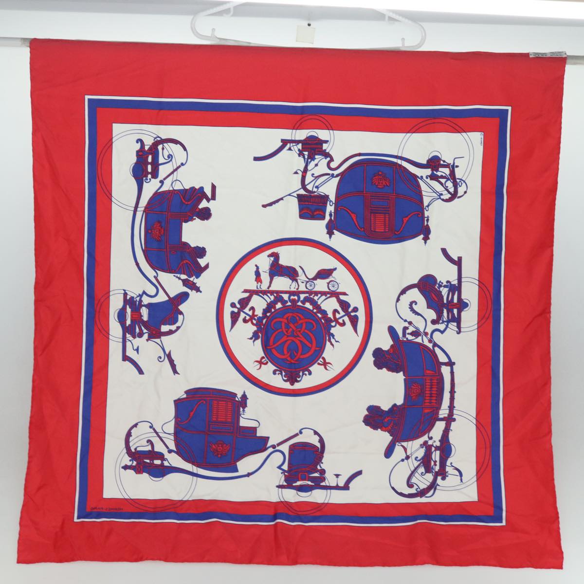 HERMES Carre 90 Scarf ""EX-LIBRIS"" Silk Red Blue Auth bs15612