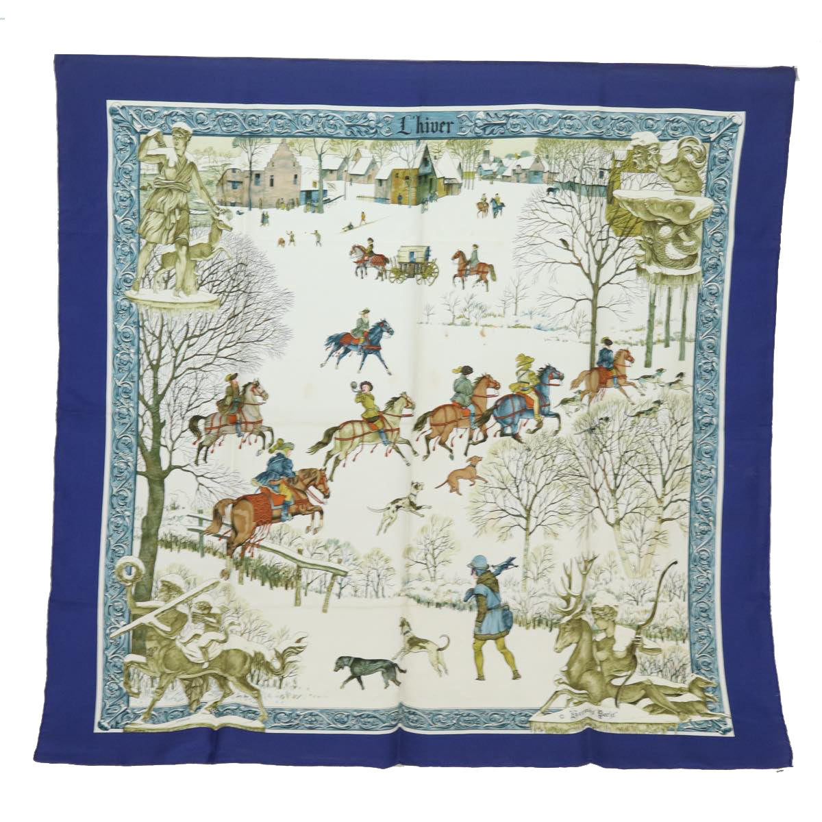 HERMES Carre 90 Scarf ""L'hiver"" Silk Blue Auth bs15613