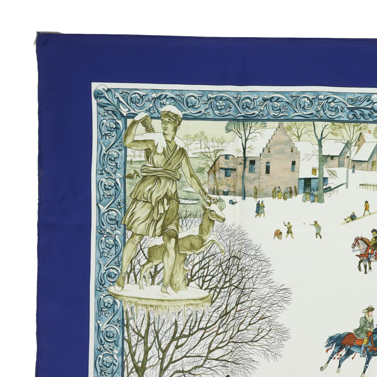 HERMES Carre 90 Scarf ""L'hiver"" Silk Blue Auth bs15613