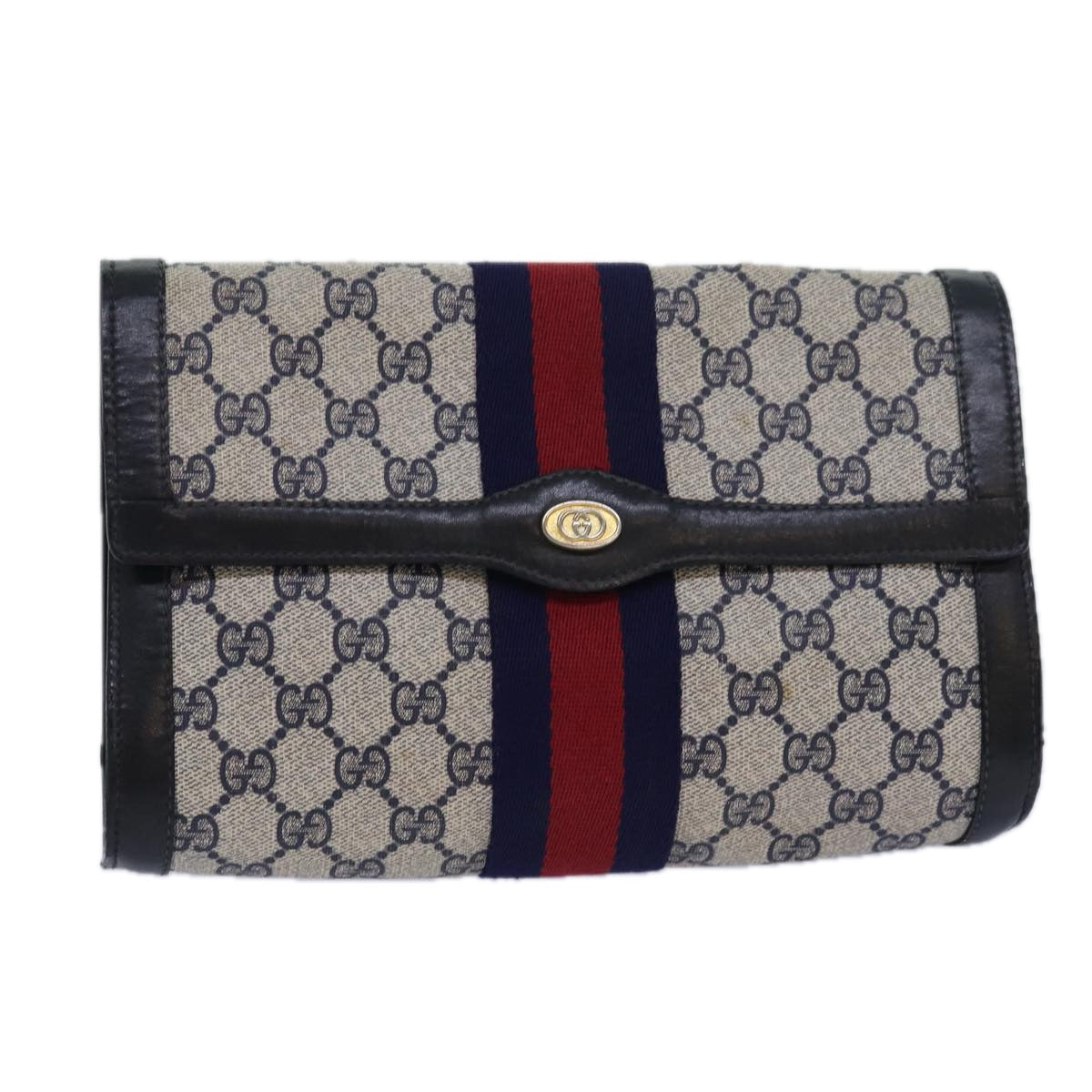 GUCCI GG Supreme Sherry Line Clutch Bag PVC Navy Red 010 378 Auth bs15615