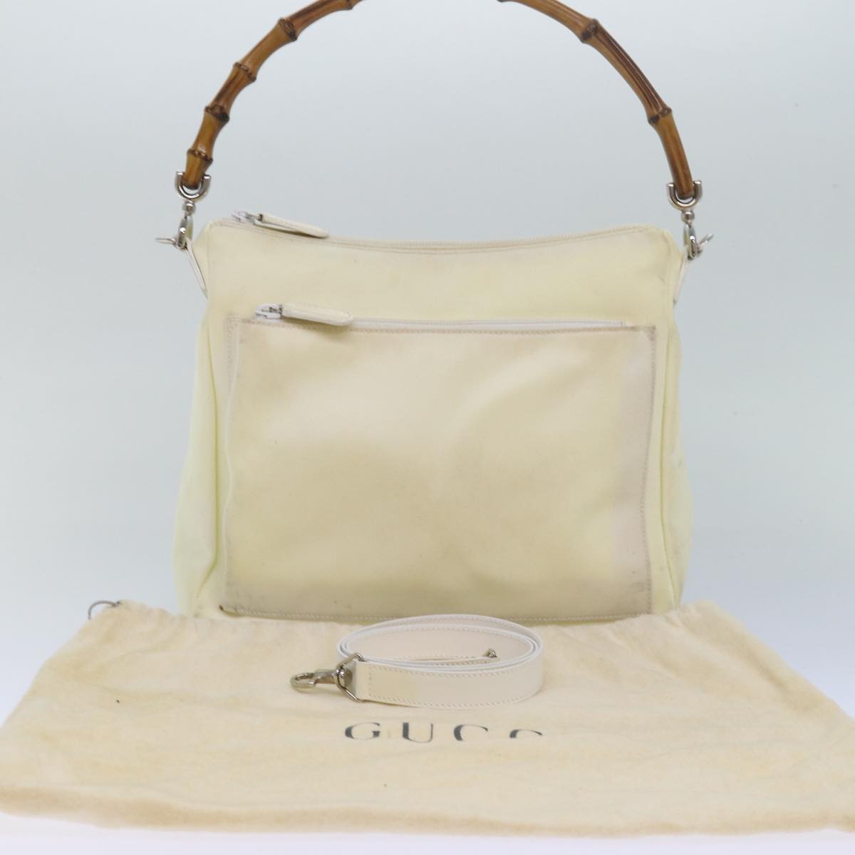 GUCCI Bamboo Shoulder Bag Nylon 2way White Auth bs15618