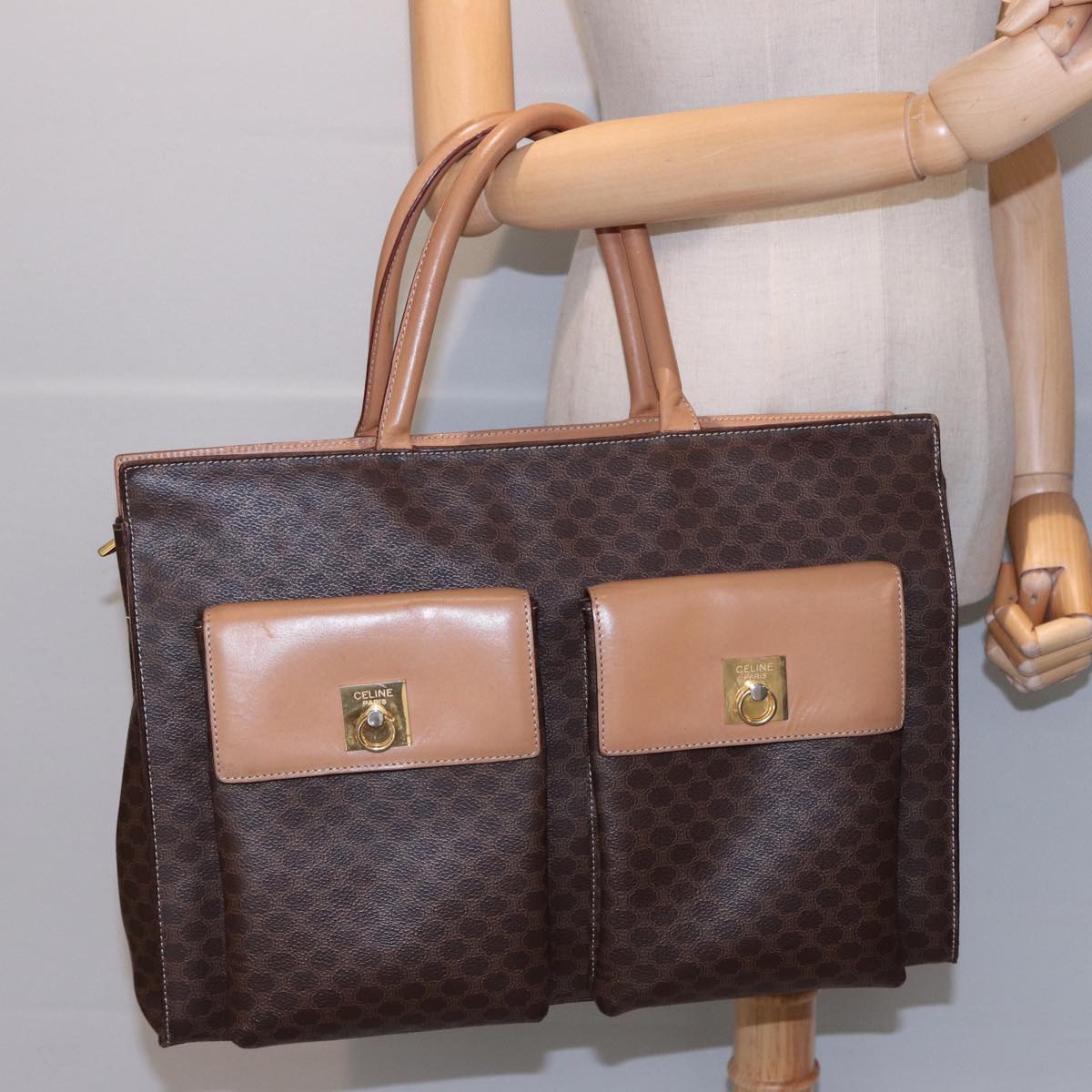 CELINE Macadam Canvas Hand Bag PVC Leather Brown Auth bs15629