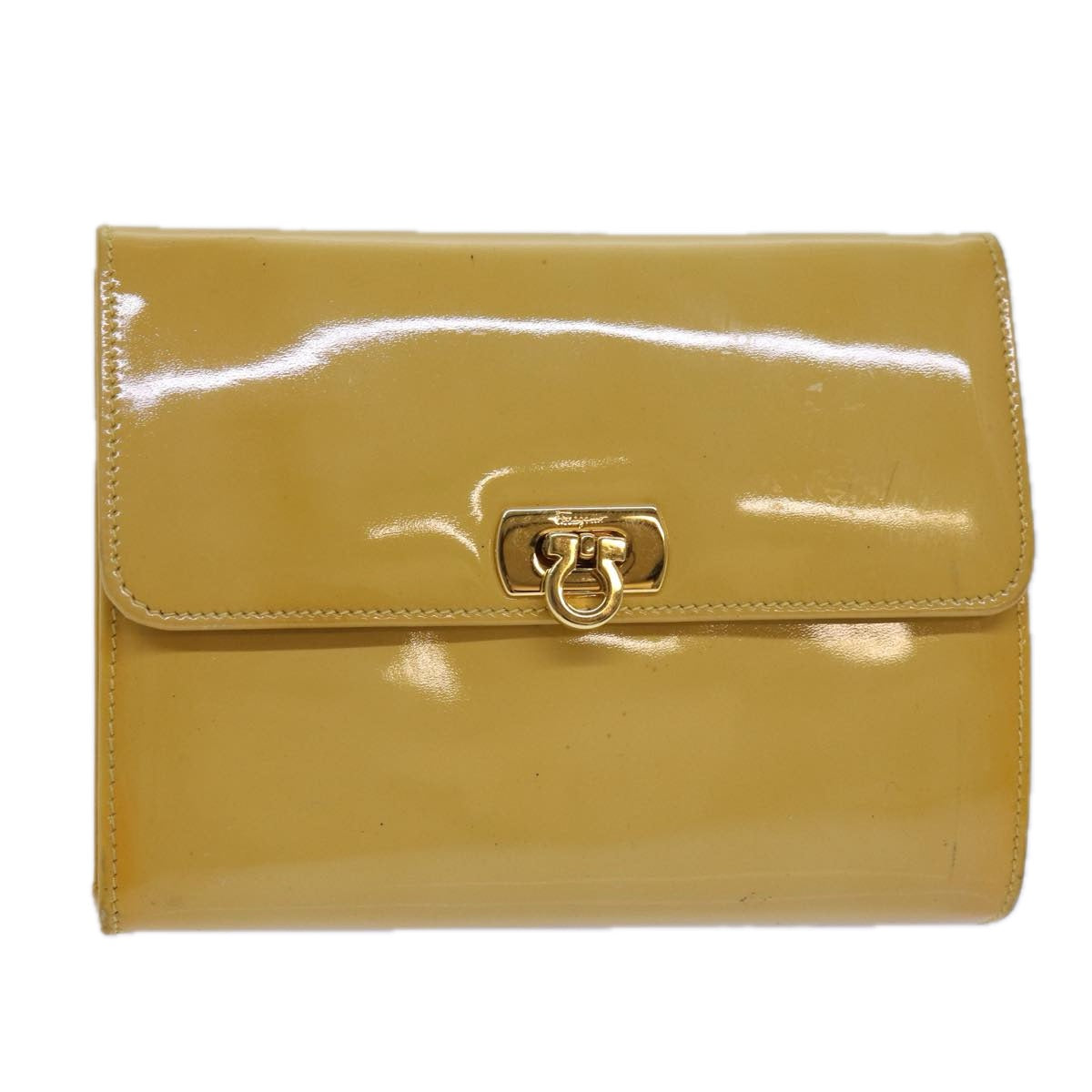 Salvatore Ferragamo Gancini Pouch Enamel Yellow Auth bs15646