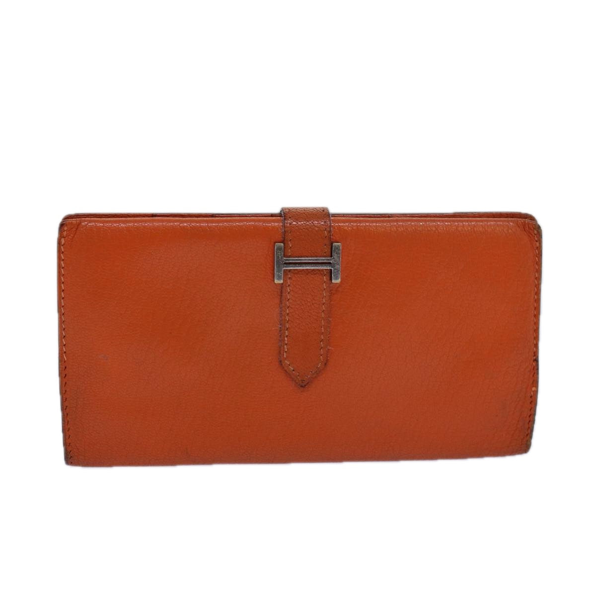 HERMES Beansufla Long Wallet Leather Orange Auth bs15648