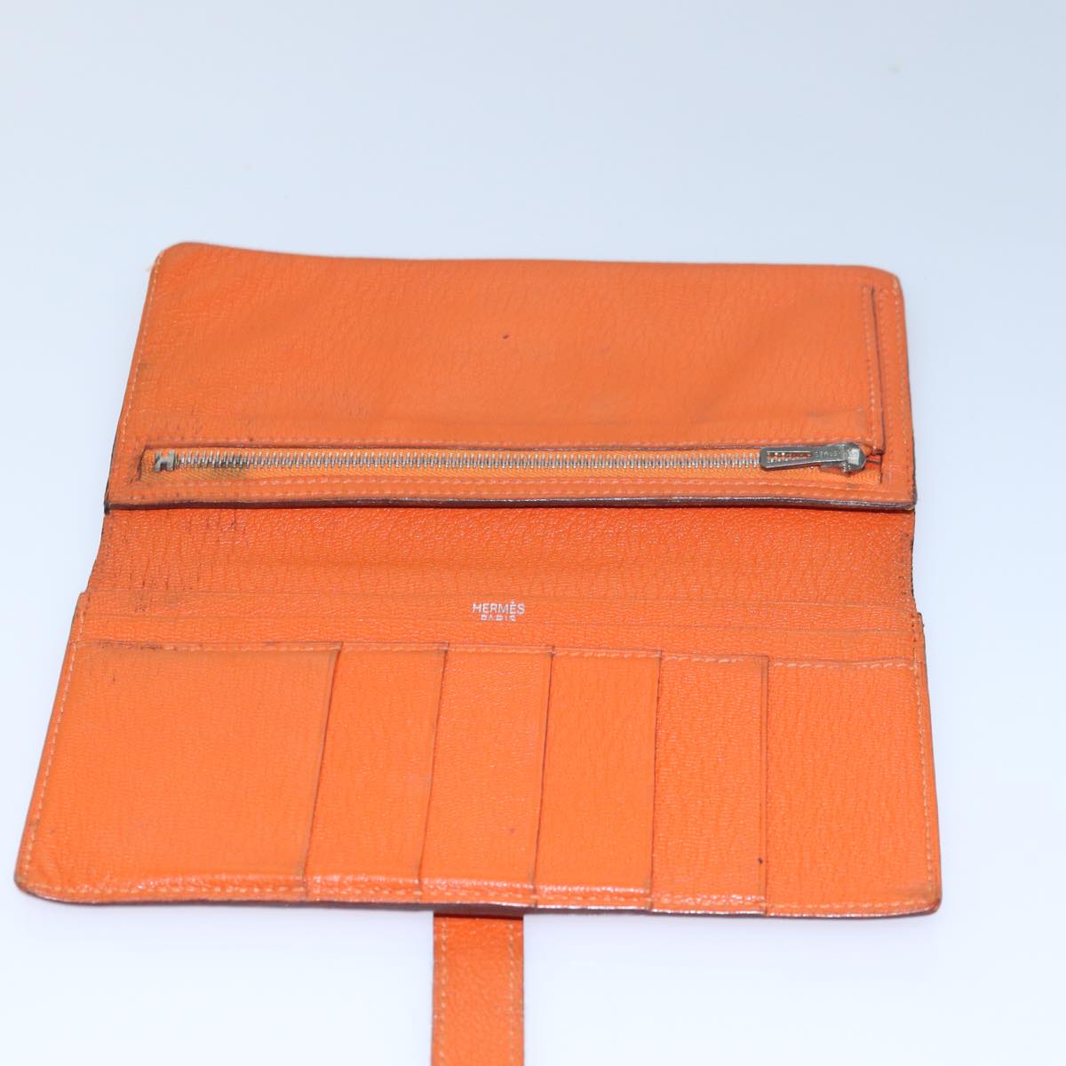 HERMES Beansufla Long Wallet Leather Orange Auth bs15648