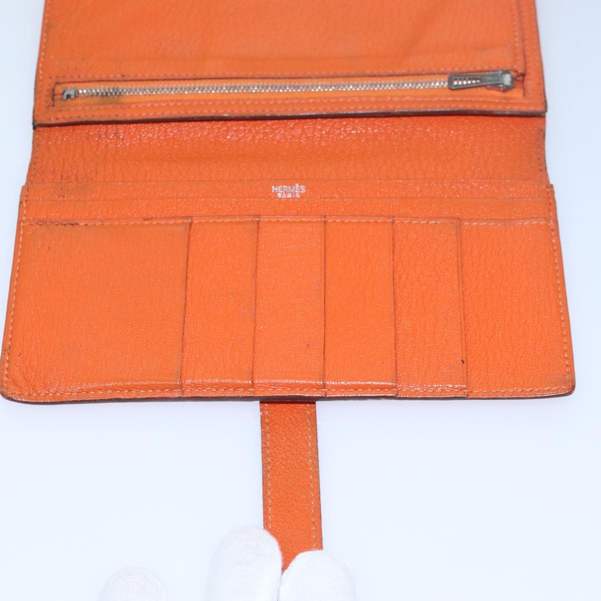 HERMES Beansufla Long Wallet Leather Orange Auth bs15648