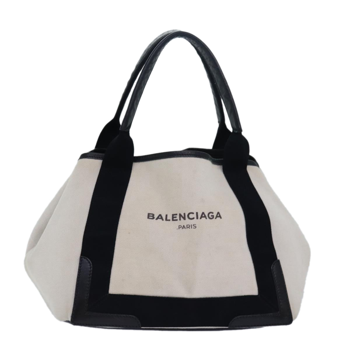 BALENCIAGA Navy Cabas S Hand Bag Canvas Leather Beige Black 339933 Auth bs15697