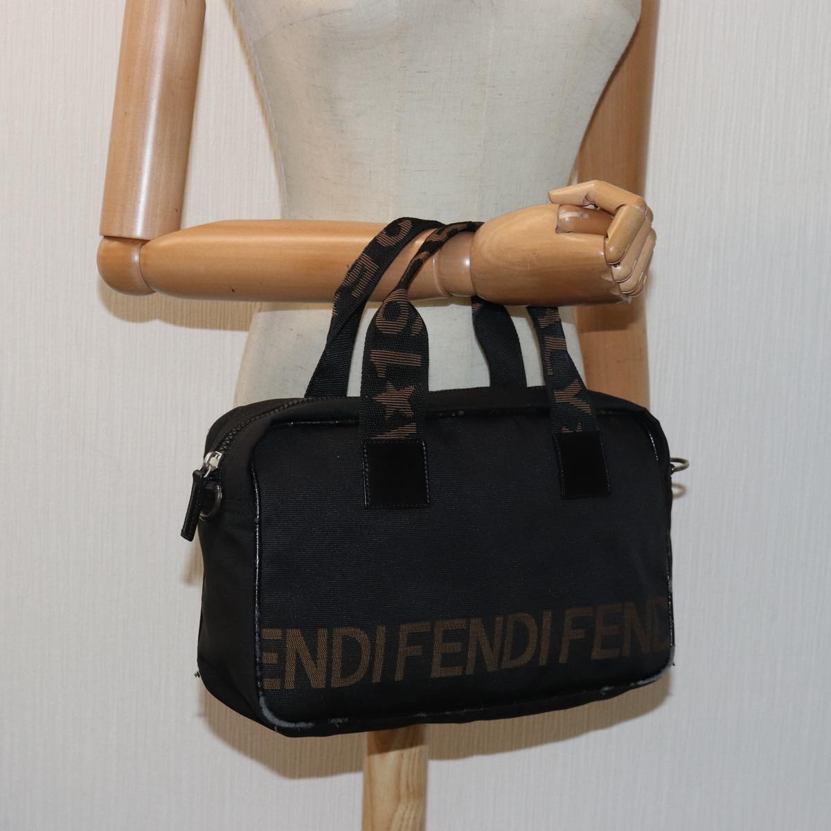 FENDI Hand Bag Canvas Black Brown Auth bs15716