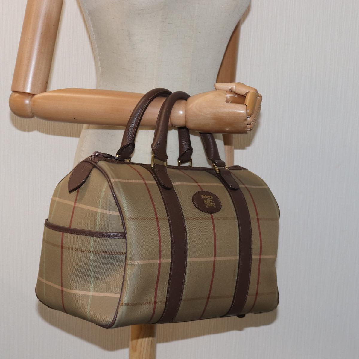 Burberrys Nova Check Boston Bag Canvas Beige Auth bs15724