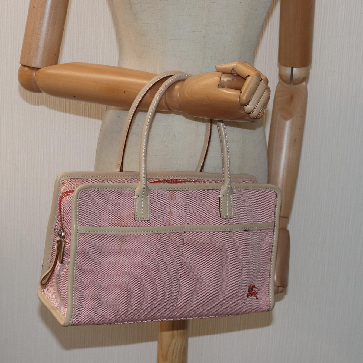 BURBERRY Nova Check Blue Nobel Hand Bag Canvas Pink Beige Auth bs15726