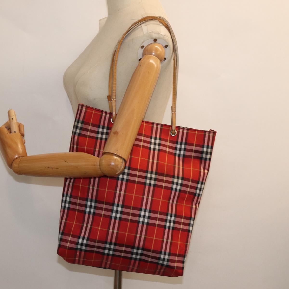 BURBERRY Nova Check Tote Bag Canvas Red Auth bs15730