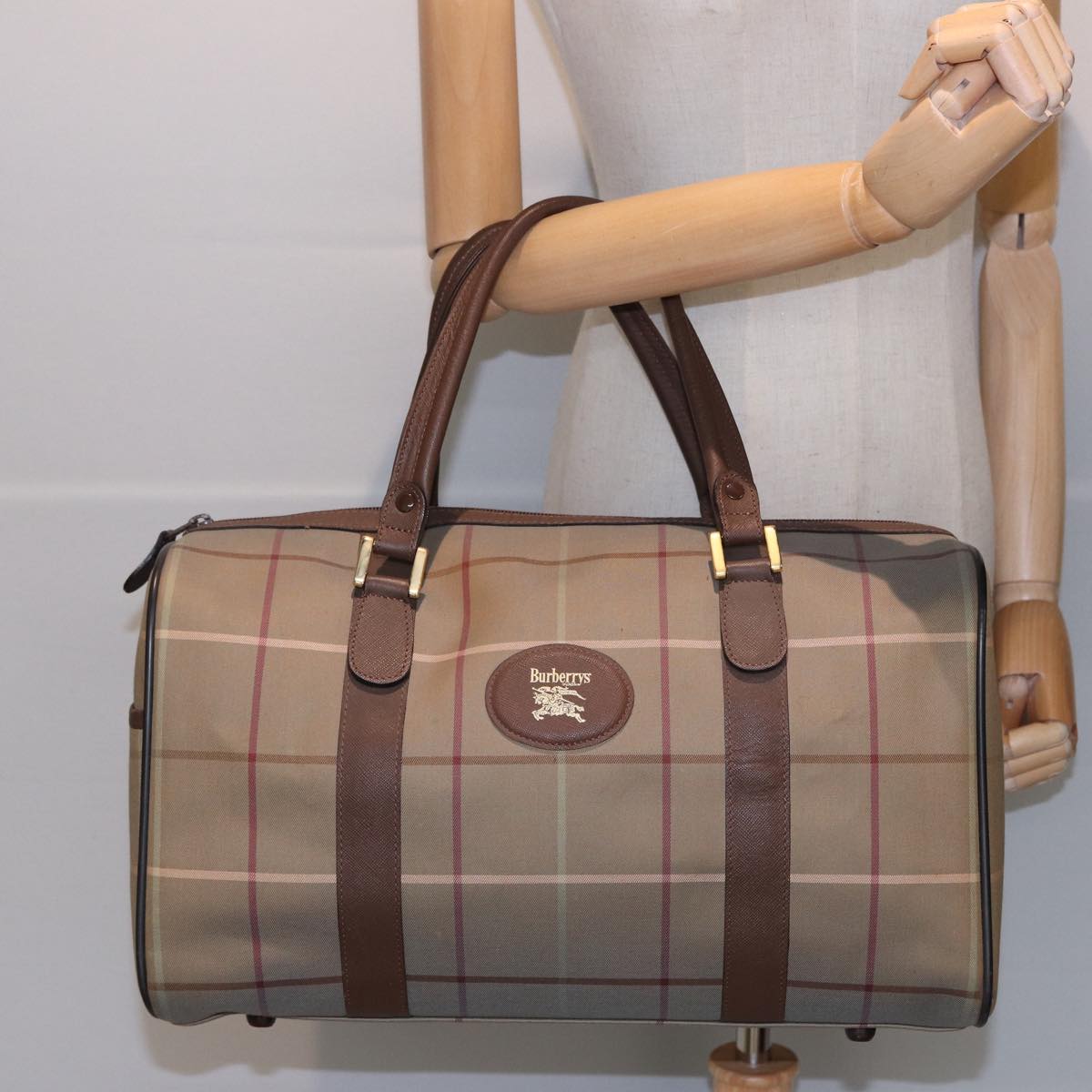 Burberrys Nova Check Boston Bag Canvas Beige Auth bs15740