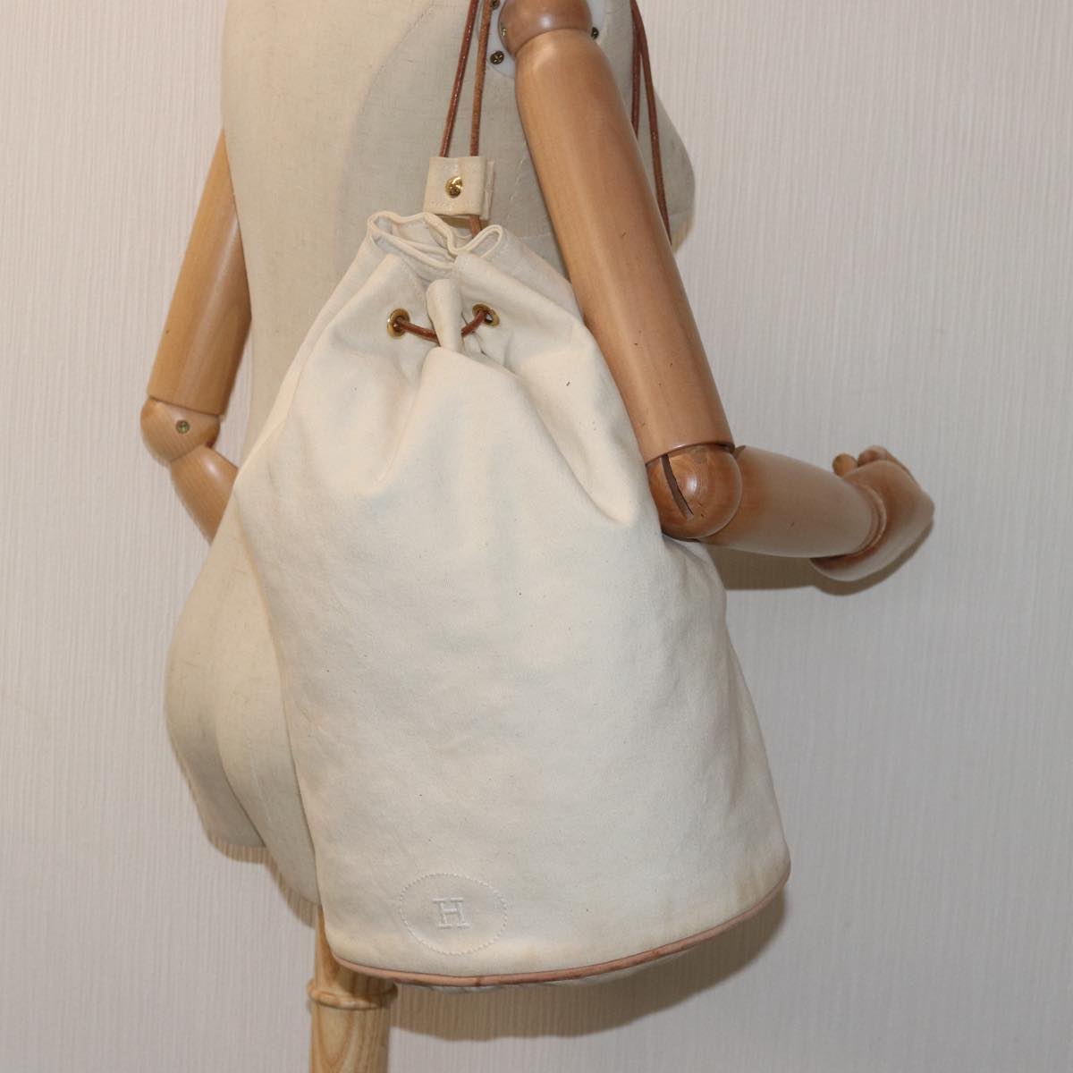 HERMES Porosion Mimill PM Shoulder Bag Canvas Beige White Auth bs15748