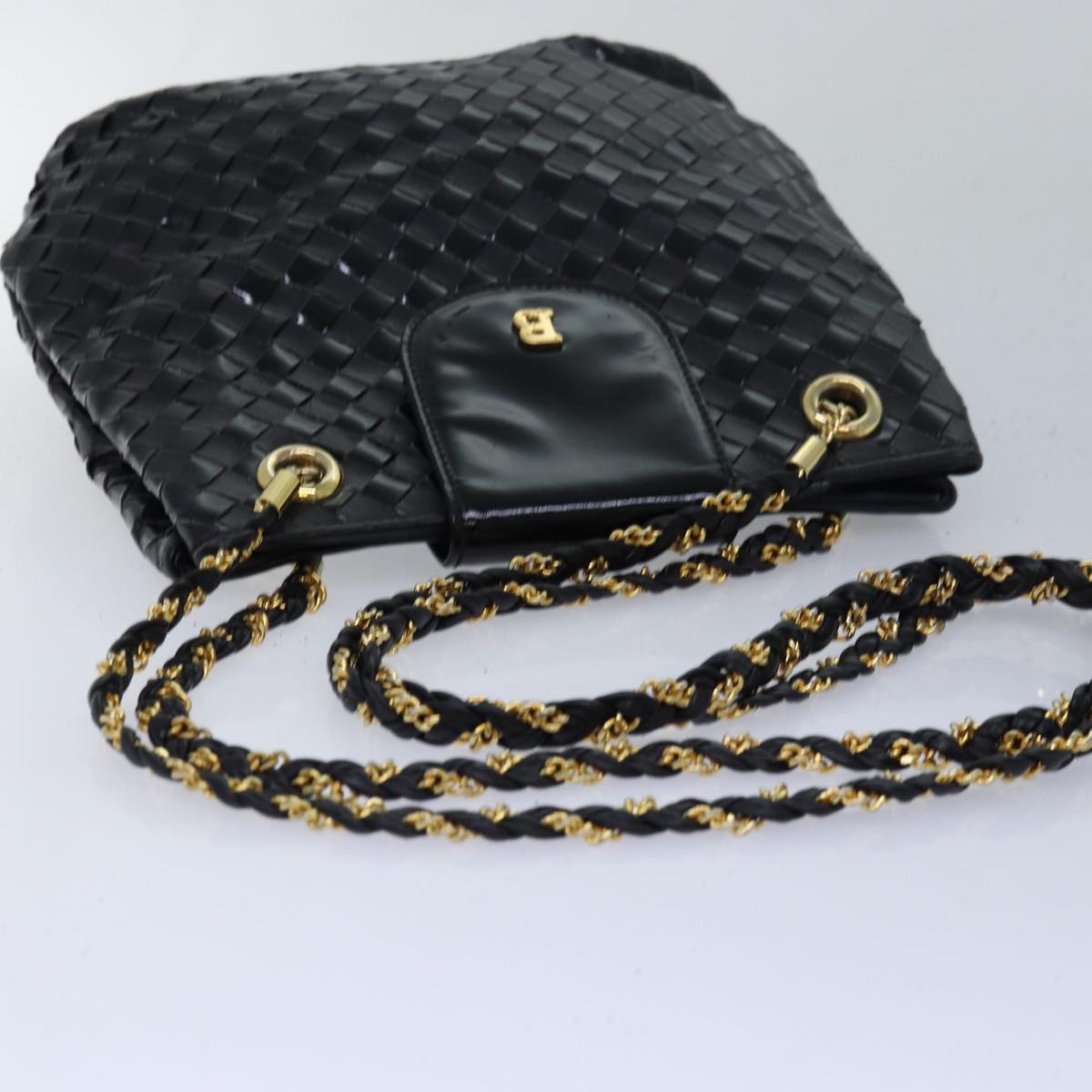 BALLY Chain Shoulder Bag Leather Enamel 3Set Black Auth bs15757