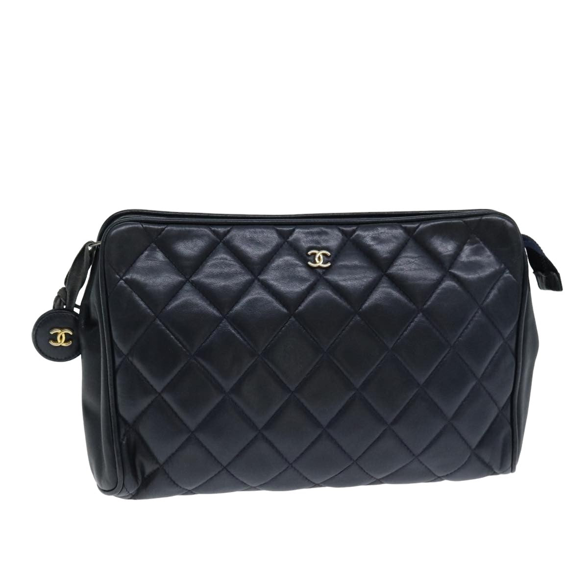 CHANEL Matelasse Clutch Bag Leather Navy CC Auth bs15779