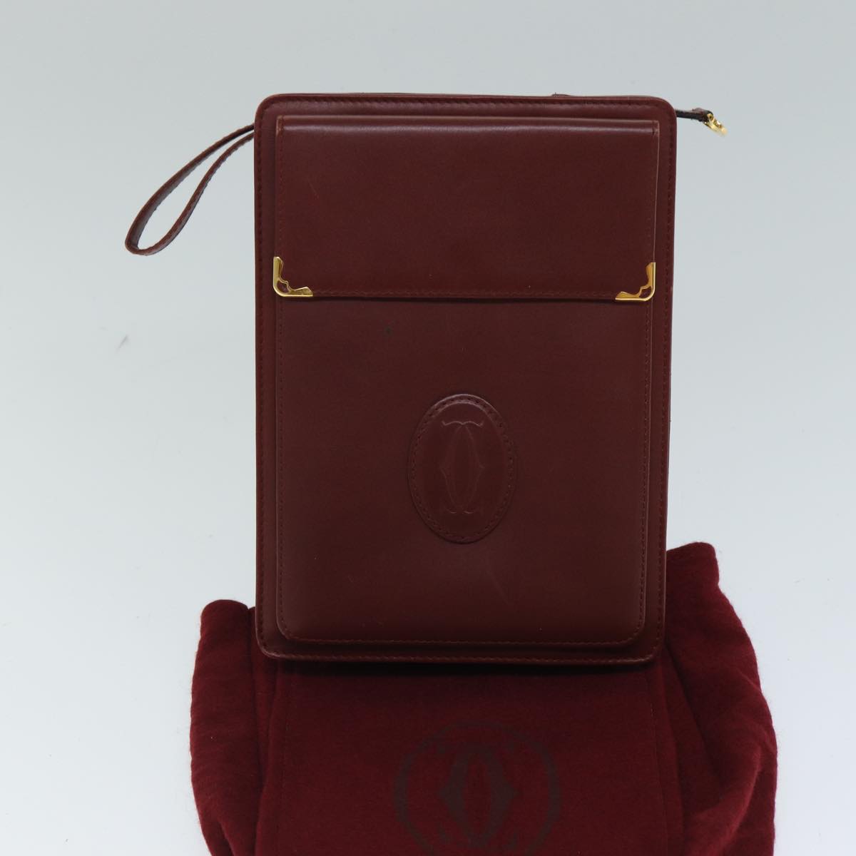 CARTIER Clutch Bag Leather Wine Red Auth bs15789