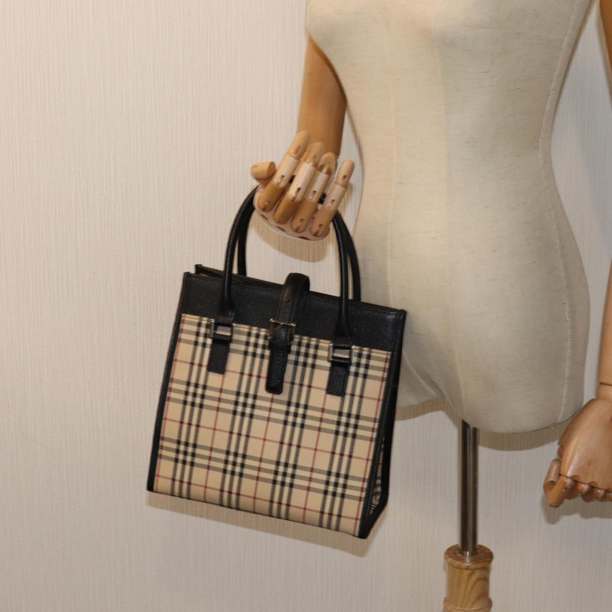 BURBERRY Nova Check Hand Bag Canvas Beige Auth bs15796