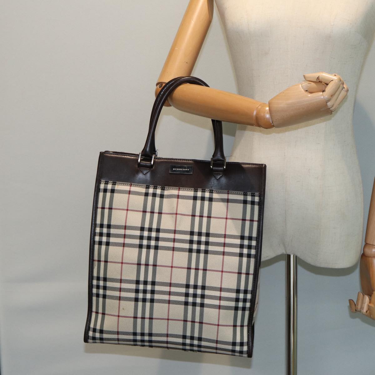 BURBERRY Nova Check Hand Bag Canvas Beige Dark Brown Auth bs15800