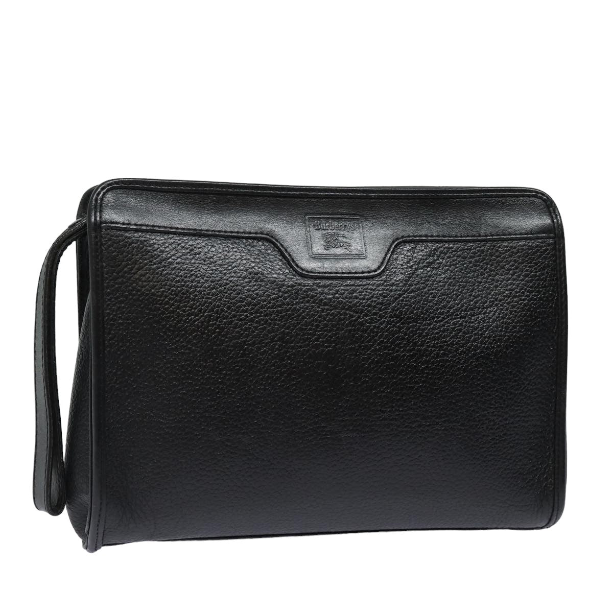 Burberrys Clutch Bag Leather Black Auth bs15805