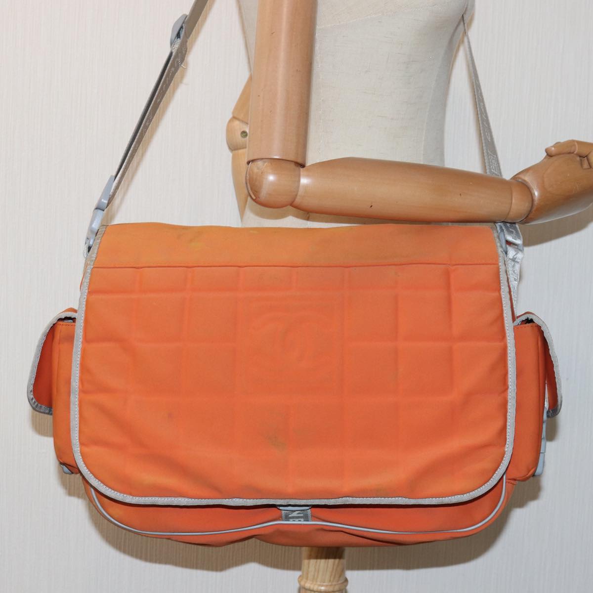 CHANEL Choco Bar Sports Line Shoulder Bag Nylon Orange CC Auth bs15857