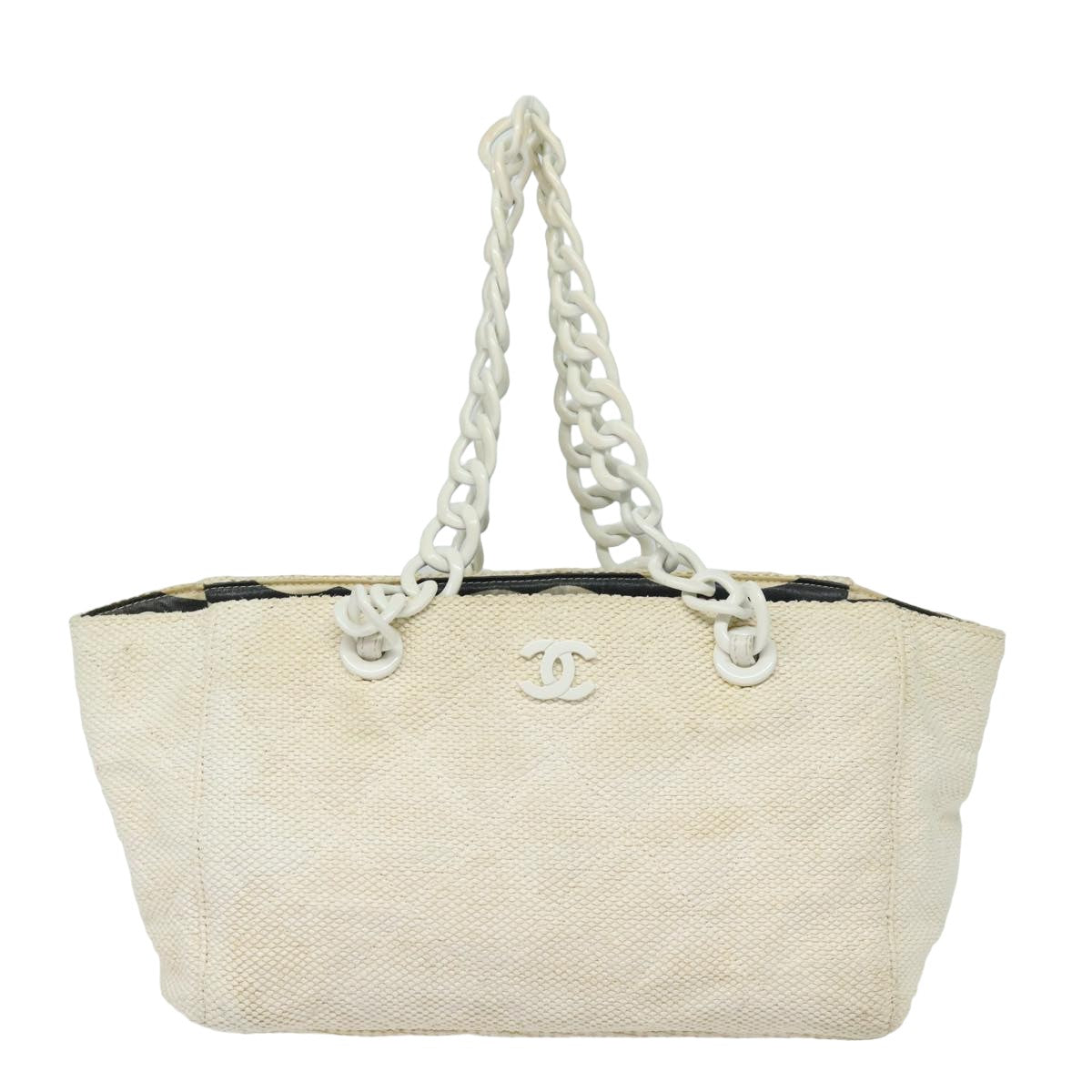 CHANEL Matelasse Chain Tote Bag Raffia White CC Auth bs15861