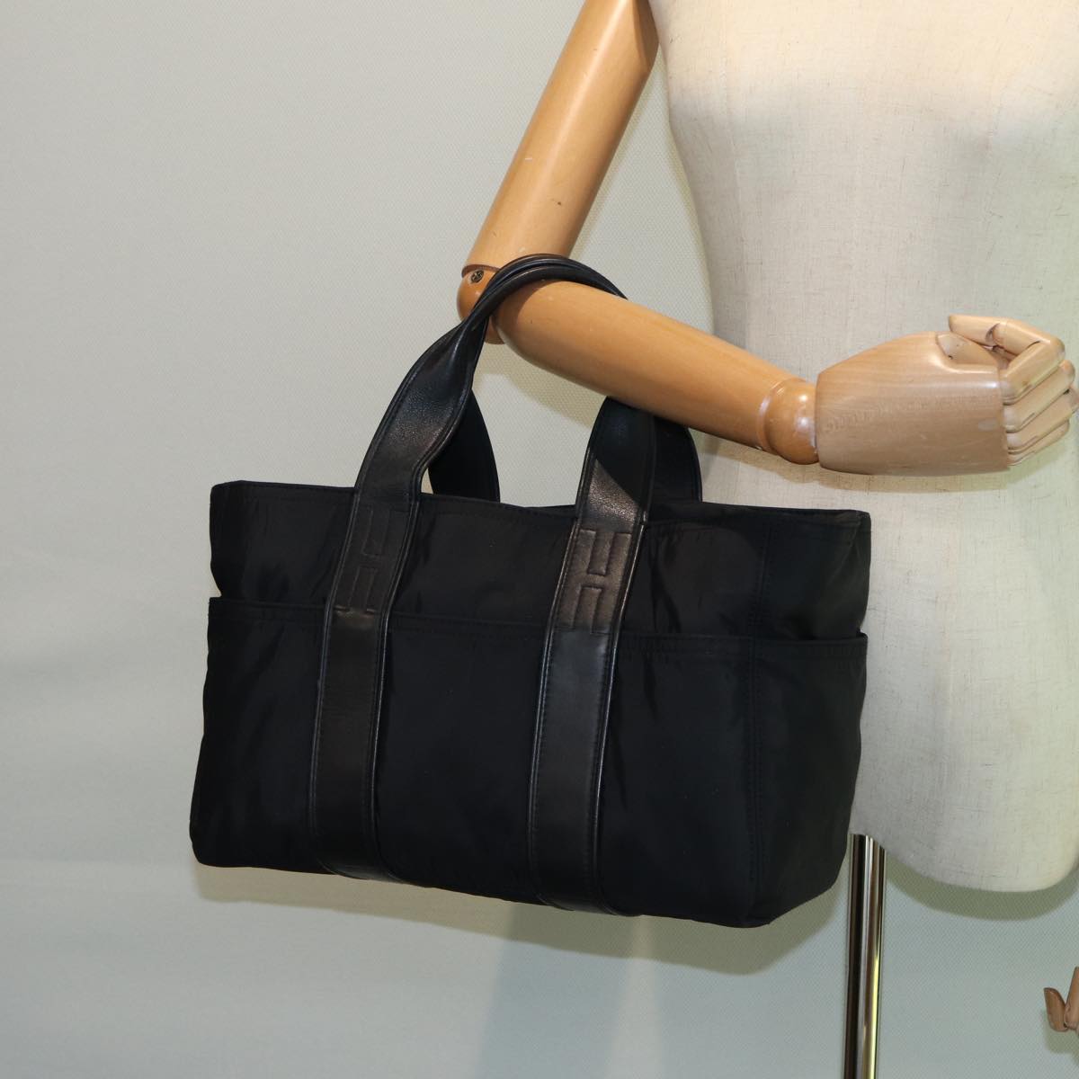 HERMES Acape Luco PM Hand Bag Nylon Black Auth bs15862