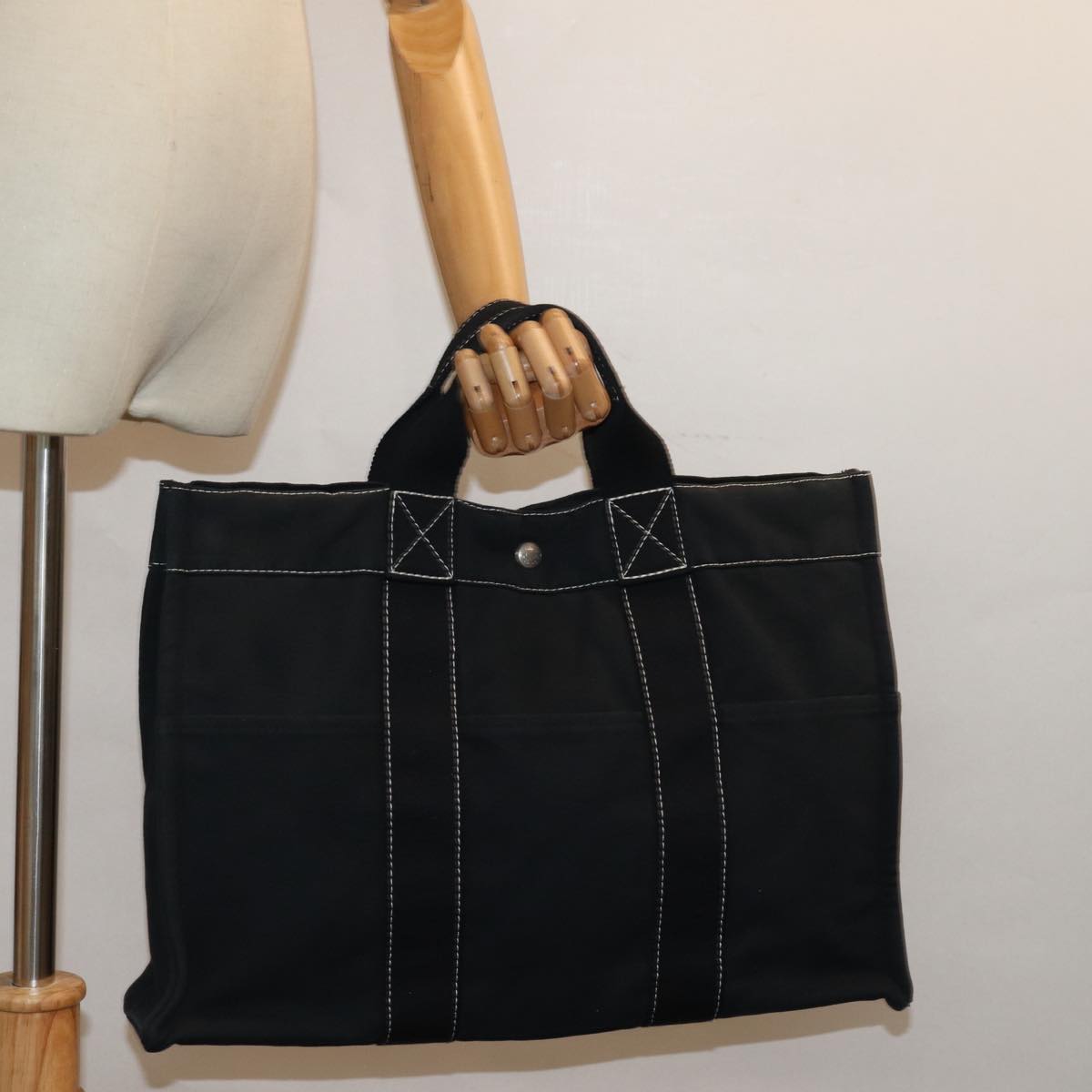 HERMES Deauville Line MM Tote Bag Canvas Black Auth bs15865