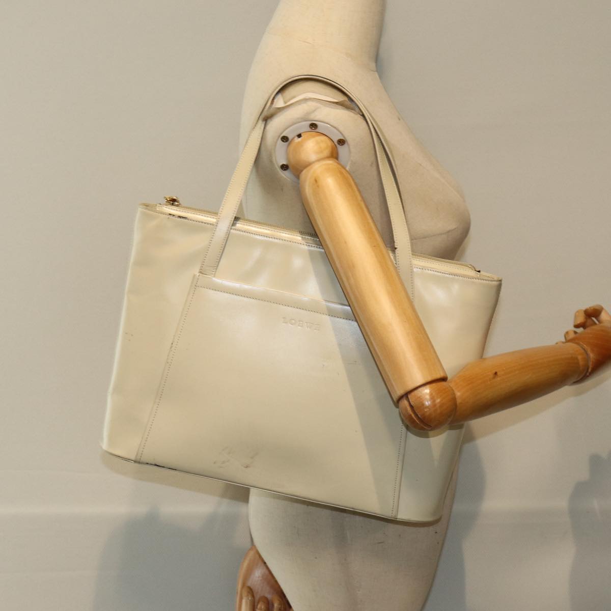 LOEWE Hand Bag Leather Beige Auth bs15888