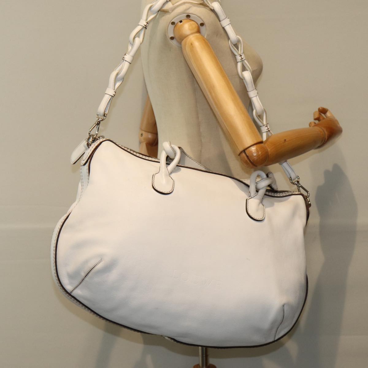 LOEWE Hand Bag Leather 2way White Auth bs15892