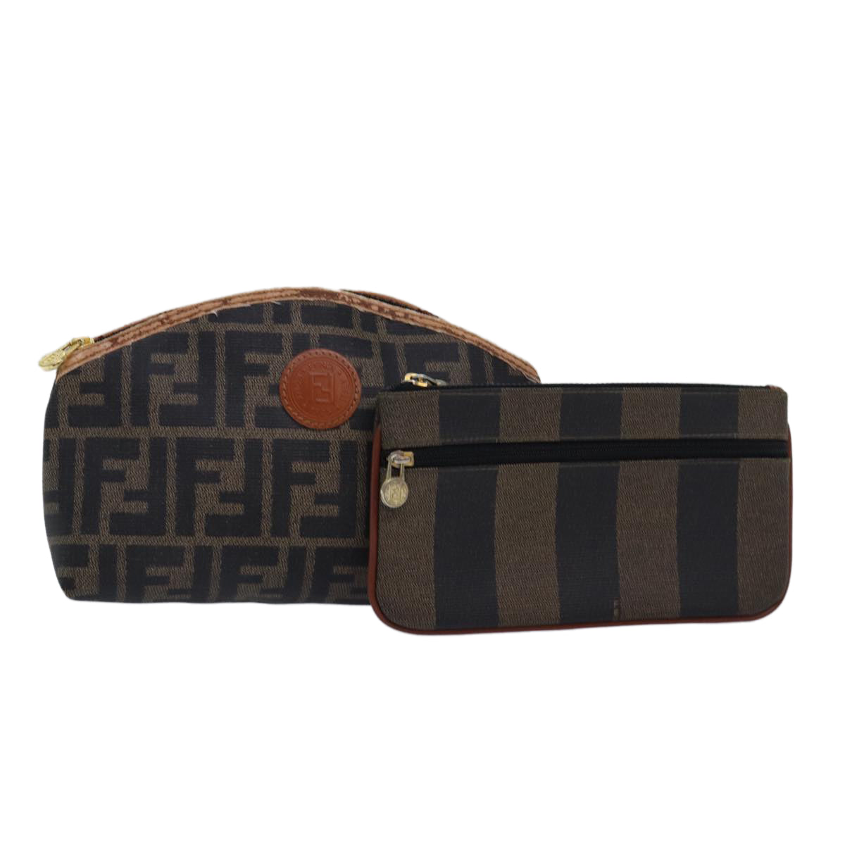 FENDI Zucca Canvas Pecan Canvas Pouch 2Set Brown Black Auth bs15954