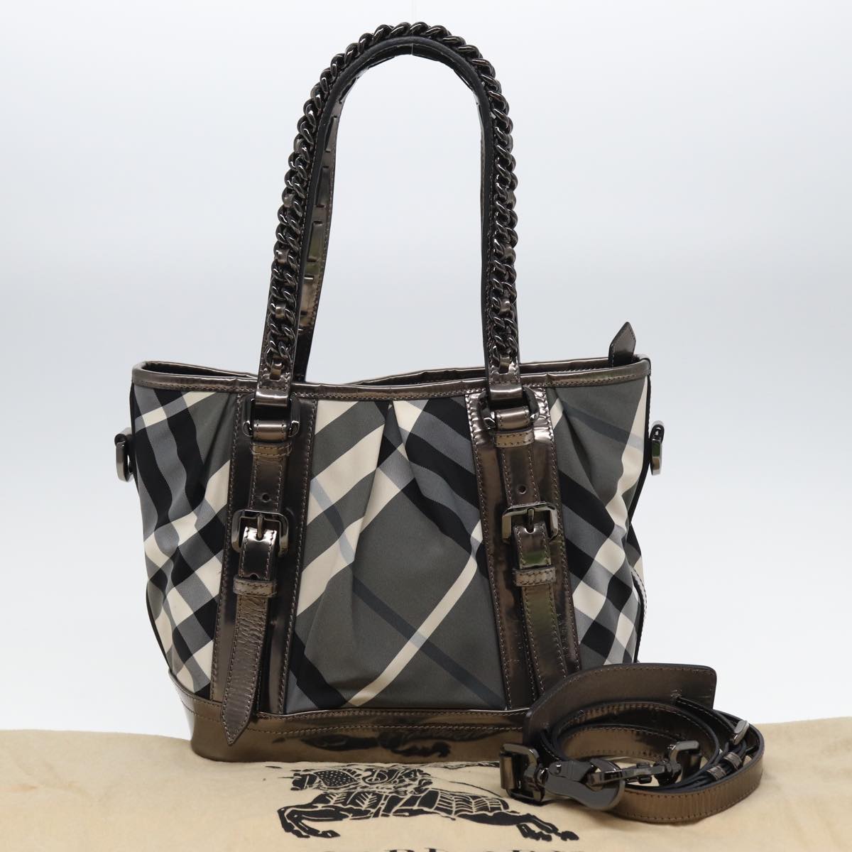 BURBERRY Nova Check Hand Bag Canvas Leather 2way Black Auth bs16022