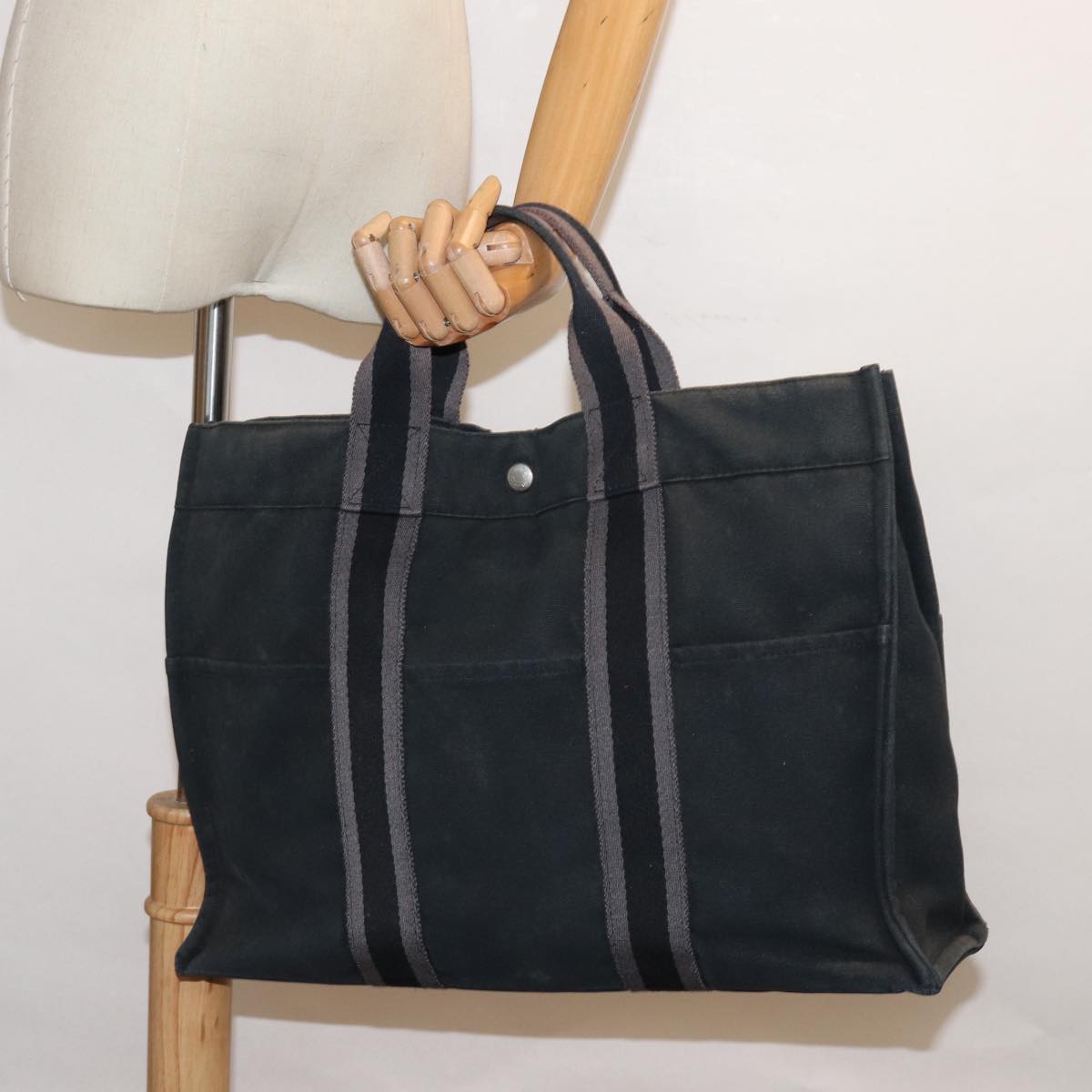 HERMES Fourre Tout MM Tote Bag Canvas Black Gray Auth bs16024